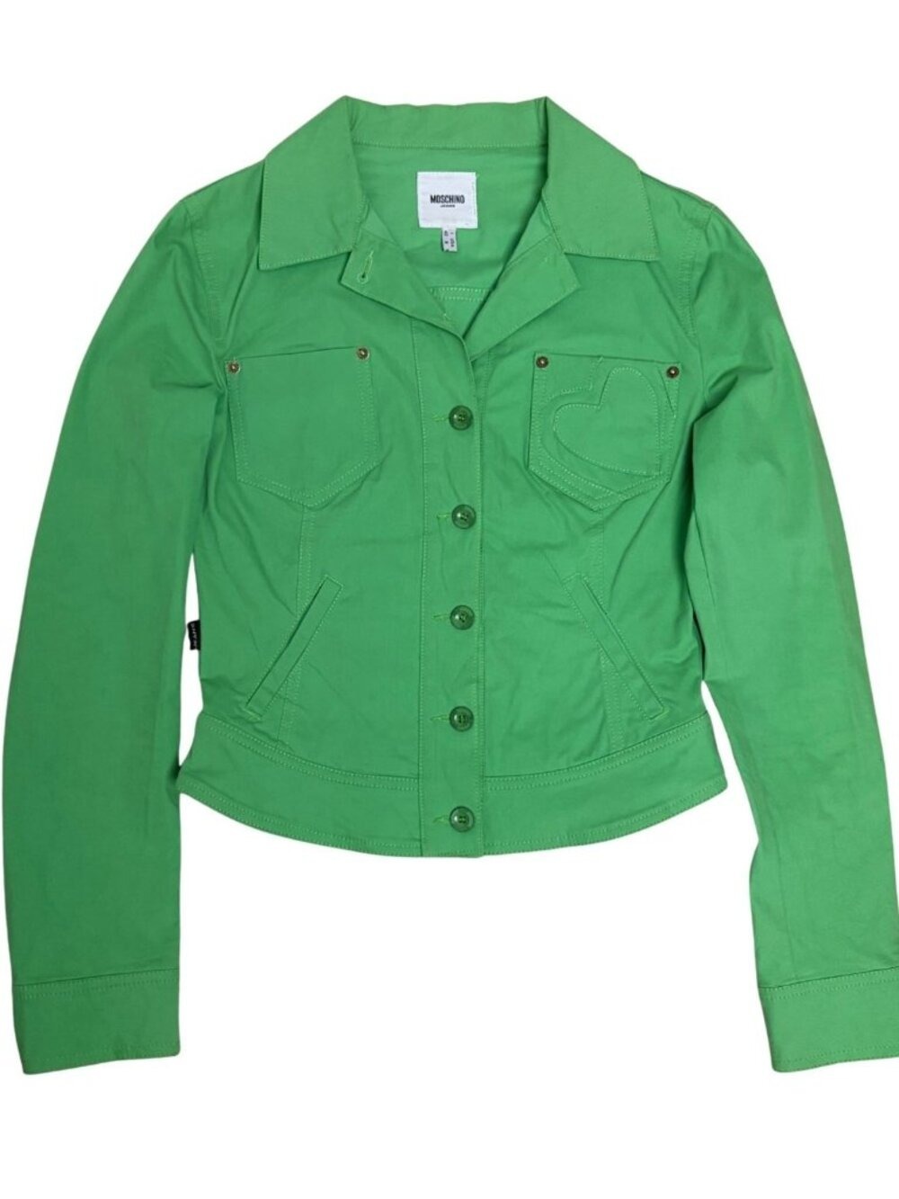 MOSCHINO Denim Jacket Luxury Designer Green Cropped DONNA Bomber Womens Small
